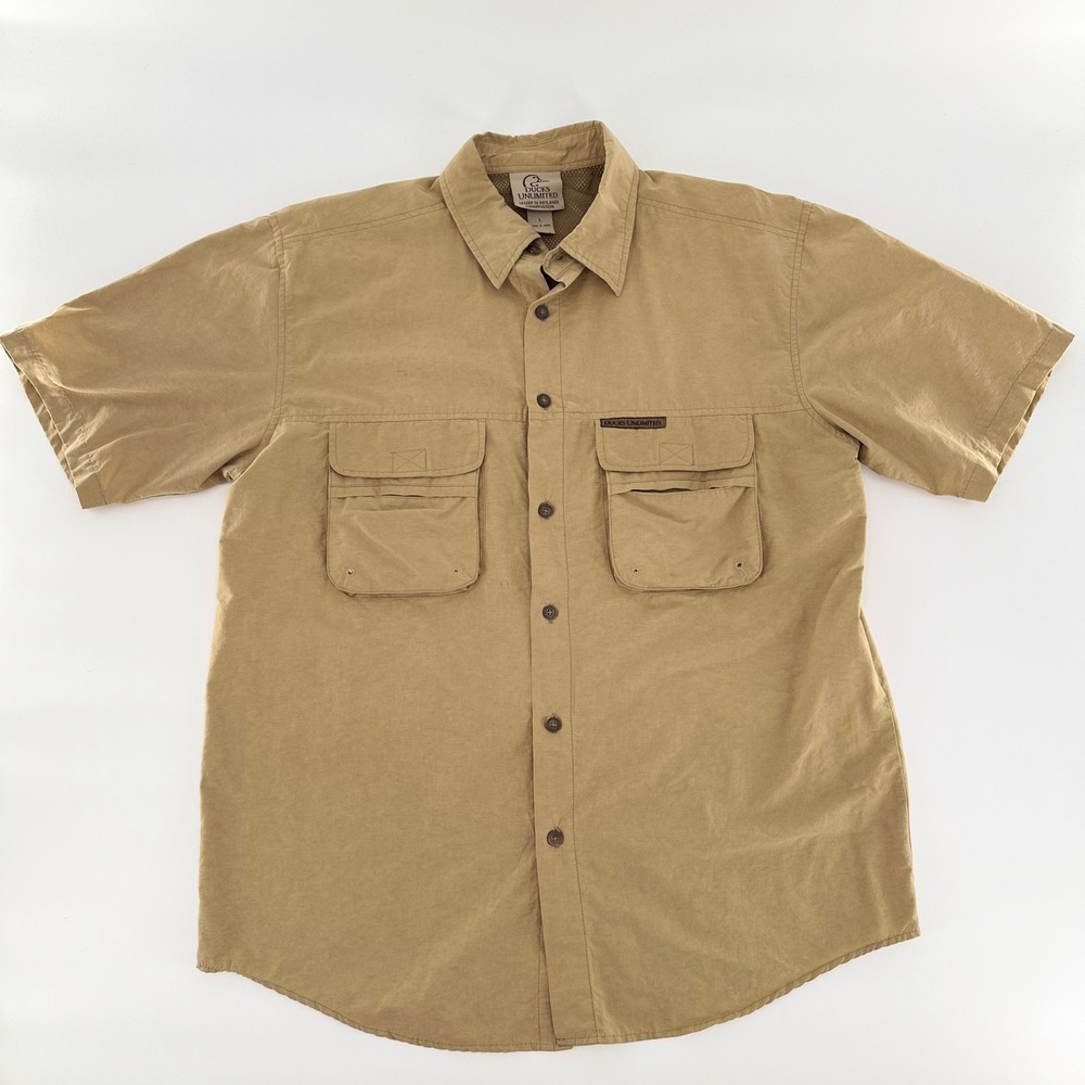 DUCKS UNLIMITED Mens Short Sleeve Fishing Shirt Vented Back Tan Khaki Large